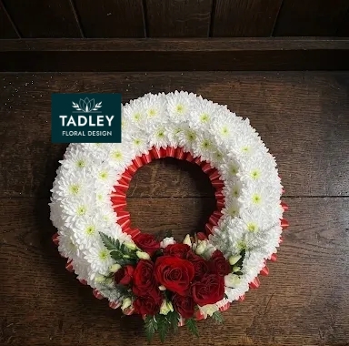 Wreath Based With White Flower & Red Spray & Ribbon