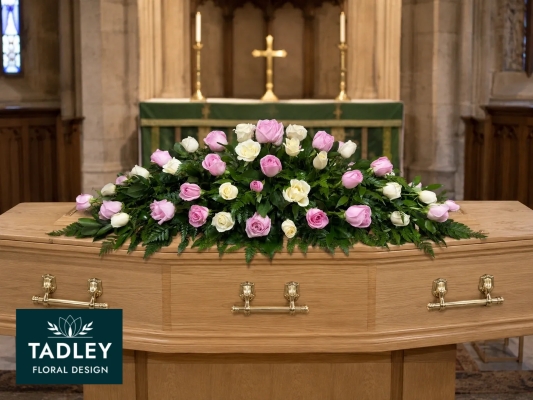 Elegant Pink & White Rose Coffin Spray