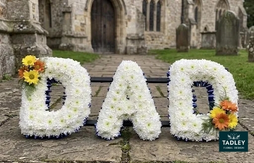 DAD Letters With Navy Blue Ribbon Yellow & Orange Sprays