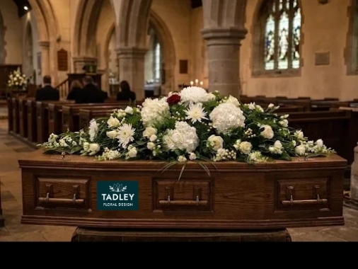 Luxury White Coffin Spray With Hydrangeas